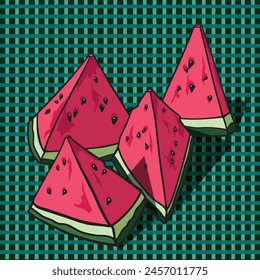 Watermelon slices. A color vector image on a green background. It is drawn by the Adobe Illustrator program on a graphic tablet. The drawing is intended for printing.