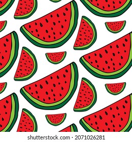 watermelon slices and doodles seamless pattern. hand drawn. illustration for wallpaper, wrapping paper, textile, background. red juicy summer fruit