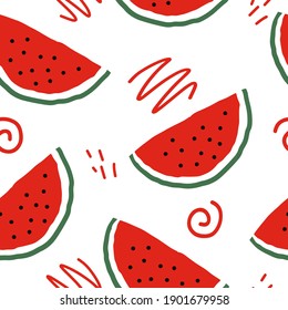 watermelon slices and doodles vector seamless pattern. hand drawn. illustration for wallpaper, wrapping paper, textile, background. red juicy summer fruit