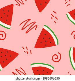 watermelon slices and doodles vector seamless pattern. hand drawn. illustration for wallpaper, wrapping paper, textile, background. red juicy summer fruit.