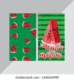 watermelon slices fall down in a green background and watermelon close up with light green stripes background for mobile wallpaper