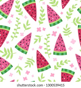 Watermelon slices with flowers and branches. Vector seamless pattern.