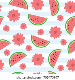 Watermelon slices and flowers scattered on striped background. Cute seamless pattern. Vector illustration.