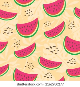 Watermelon slices fresh pattern. Cute seamless background. Vector illustration. Exotic colorful tropical fruits.