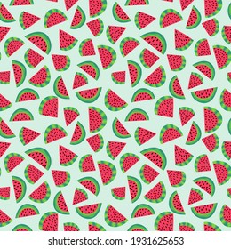 Watermelon slices green and red seamless pattern vector. Summer cartoon juicy fruit slices pattern. Simple vibrant organic raw food endless texture. Hand drawn watermelon of geometry slices pattern