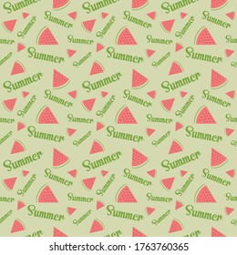Watermelon slices with green text summer, on green background. Vector seamless pattern. Cartoon style.