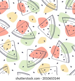 Watermelon slices hand drawing doodle style sketch and colored spots on white background seamless pattern. Design for textiles, fabrics, wallpaper and paper. Stock vector illustration. 