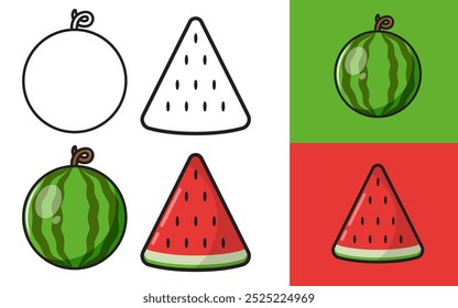 Watermelon and watermelon slices icon design suitable for selling product icons, label stickers, also available in precise lineart. Editable.