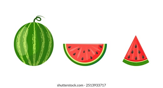 Watermelon and watermelon slices icon in flat style on white background. For project design, vegan products. Vector graphics 