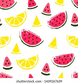 Watermelon slices and lemon seamless pattern on white background.