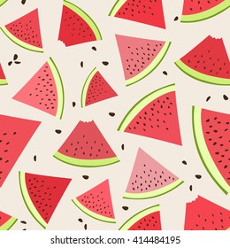 Watermelon slices on beige background. Fruit vegetable berry seamless pattern.