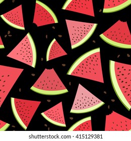 Watermelon slices on black background. Fruit vegetable berry seamless pattern.