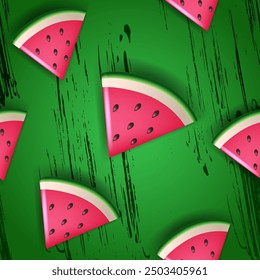 Watermelon slices on a green background. Seamless pattern, print. 