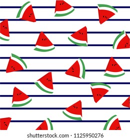Watermelon slices on marine stripes. Summer pattern. 