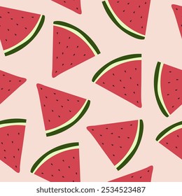 Watermelon slices on a pale pink background. Ideal for seasonal designs, healthy eating, or simply as a vibrant print.