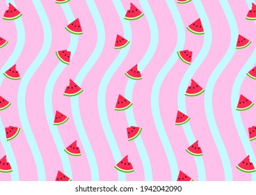 Watermelon slices on pink background. With turquoise wavy lines. Summer concept. Abstract background. Vector illustration.