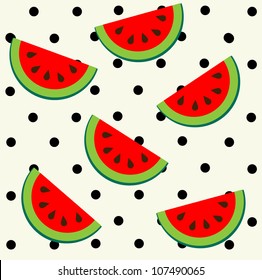 Watermelon slices on polka dot background. Seamless pattern.