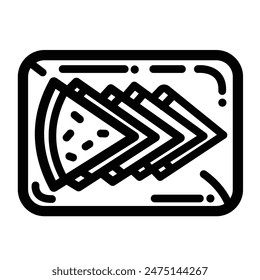 Watermelon slices on rectangle plate from above top angle view icon illustration black outline isolated on square white background. Simple flat fresh fruit cartoon art styled drawing.