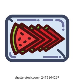 Watermelon slices on rectangle plate from above top angle view colored icon illustration outline isolated on square white background. Simple flat fresh fruit cartoon art styled drawing.