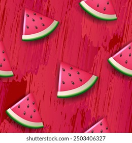 Watermelon slices on a red background. Seamless pattern, print. 