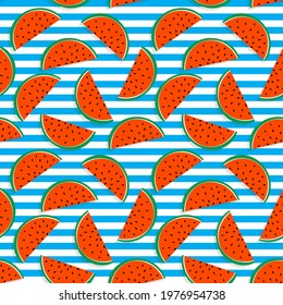 Watermelon slices on stipes vector hand-drawn pattern. Colorful juicy summer tropical vector pattern. Red Watermelon slices on light blue background