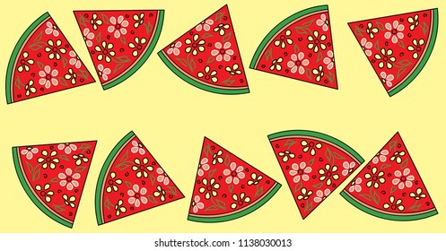 Watermelon slices on a yellow background.  Floral ornament. The design of the template. Vector