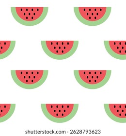 Watermelon slices pattern with green rind and red flesh with black seeds, arranged in a grid.