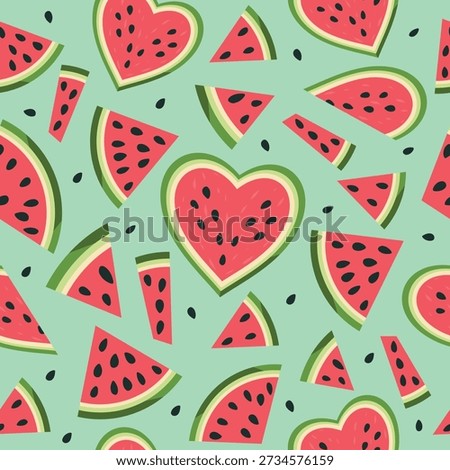 Watermelon slices pattern. Seamless vector pattern with heart-shaped watermelons on a mint green background. For summer designs, cards, packaging, websites, textiles, stationery