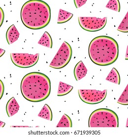 Watermelon slices pattern. Summer fruit background. Vector pink seeds of berries. Hand drawn exotic tropical ornament. Modern fabric food 