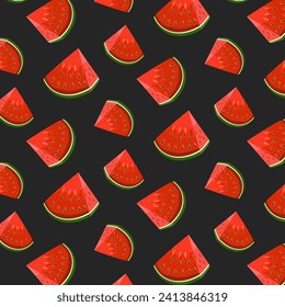 Watermelon slices in a pattern.Vector seamless pattern with watermelon slices on a black background.