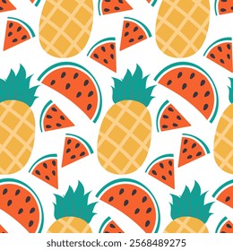 Watermelon slices and pineapple with leaves Summer Seamless Pattern. Exotic fruits backdrop concept