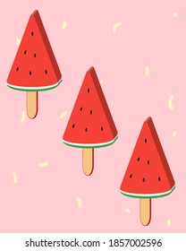 Watermelon slices as popsickle, flat design illustration for background 