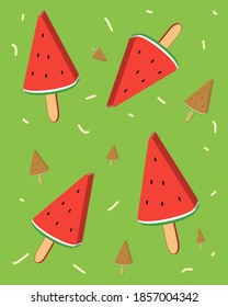 Watermelon slices as popsickle, flat design illustration for background 