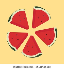 Watermelon slices in radial pattern. Vector illustration of red watermelon isolated on white background, vector illustration on white background.