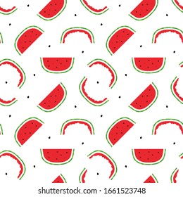 Watermelon slices and watermelon rinds vector cartoon style seamless pattern background.
