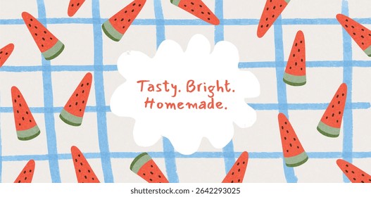 Watermelon slices scattered on blue checkered background with white text cloud in center. Homemade fruity design for packaging, ads, summer branding. Vector flat seamless illustration.
