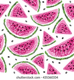 Watermelon slices seamless pattern. Watermelon background. Sketchy style print. Crayon illustration. Flat lay. Vector illustration