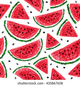 Watermelon slices seamless pattern. Watermelon background. Sketchy style print. Crayon illustration. Flat lay. Vector illustration