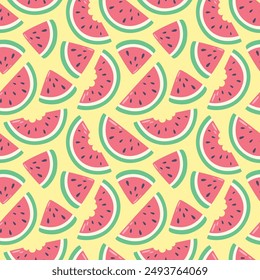 Watermelon slices seamless pattern. Bright summer background. Red fruit on yellow background. Fresh food vector illustration