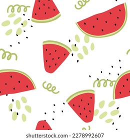 Watermelon slices seamless pattern. Flat watermelon fruit seamless pattern. Vector repeat background with watermelon slices for fabric, paper, wallpaper, cover, interior decoration, and other use.