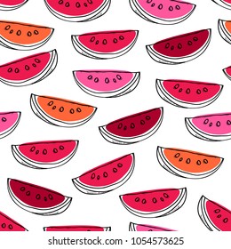 Watermelon slices seamless pattern. Fruit background. Hand drawn design.