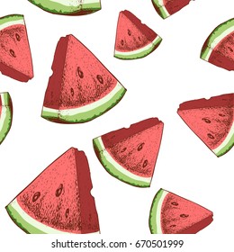 Watermelon slices seamless pattern. Hand drawn sketch style ripe summer fruits vector illustration. Ideal for party designs, fruit markets and  vegan menu.