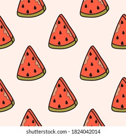 Watermelon slices seamless pattern. Juicy summer fruit. Pink and green color, light background. Doodle style. Vector illustration. For print and web