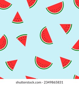 Watermelon slices seamless pattern on blue background vector. Cute cartoon fruit repeat pattern for paper, fabric, gift wrap, wall art, interior decoration, card, paper gift, phone case.