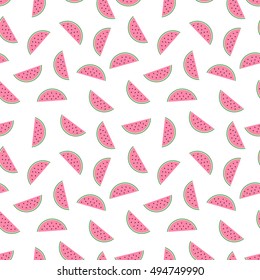 Watermelon slices seamless pattern on white background. Cute fruit pattern. Summer food vector illustration. Fashion design for textile, wallpaper, web, fabric and decor.