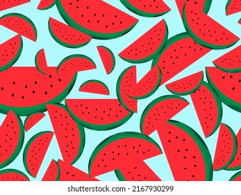 Watermelon slices seamless pattern. Watermelon with seeds. Design for printing on fabric, wrapping paper and promotional materials. Vector illustration