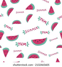 Watermelon slices seamless pattern, summer pattern with yum-yum lettering.