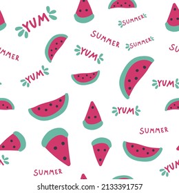 Watermelon slices seamless pattern, summer pattern with yum-yum lettering.