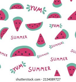 Watermelon slices seamless pattern, summer pattern with yum-yum lettering.