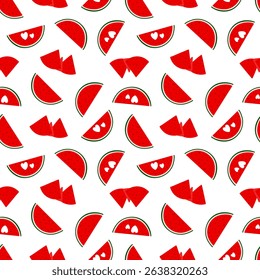 Watermelon slices seamless pattern, sweet ripe fruit, red flesh with seeds and green rind, organic diet ingredient for dessert, healthy vegan food image for summer projects, packaging decor, textile